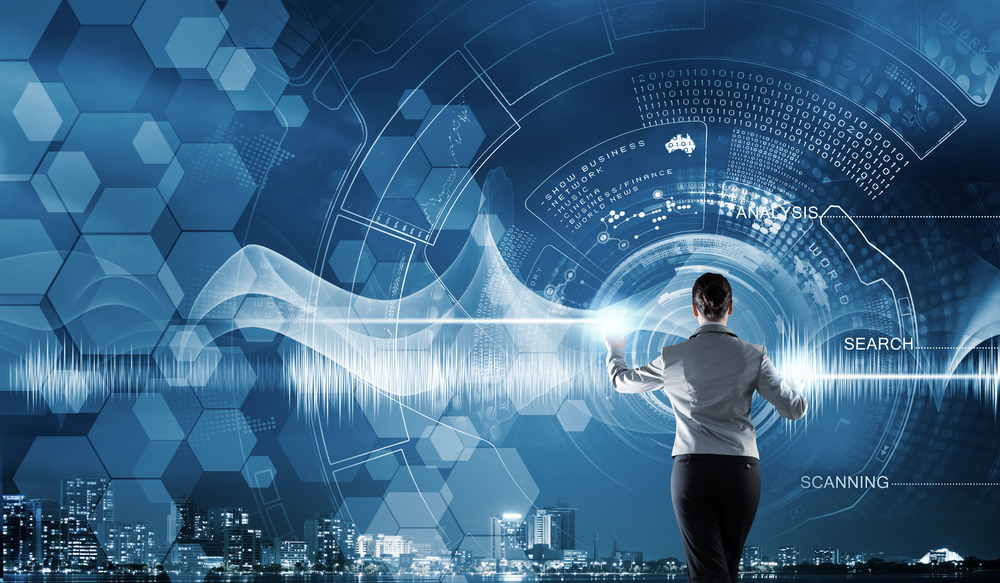 Back view of businesswoman working with modern virtual technologies Back view of businesswoman working with modern virtual technologies